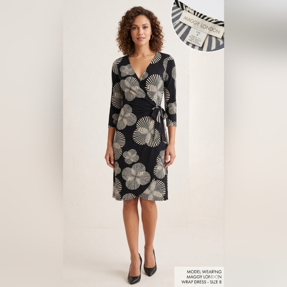 Maggy London Black & Cream Floral Burst Wrap Dress Size 8